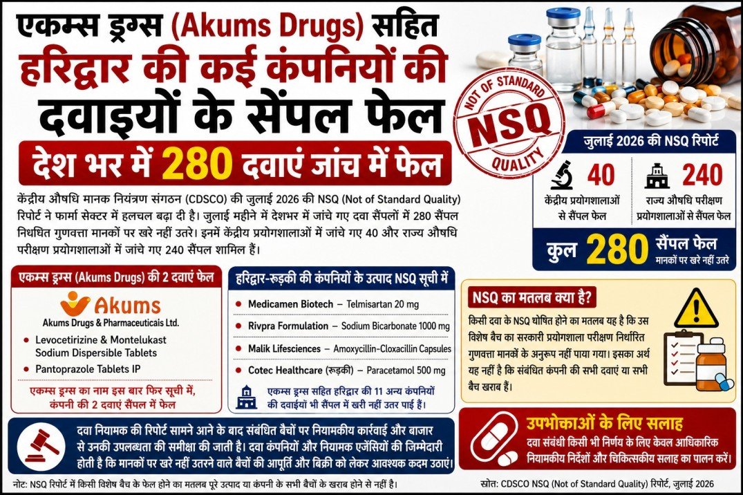 Akums Drugs सहित हरिद्वार की कई कंपिनयों की दवाईयों के सैंपल फेल, देश भर में 280 दवाएं जांच में फेल