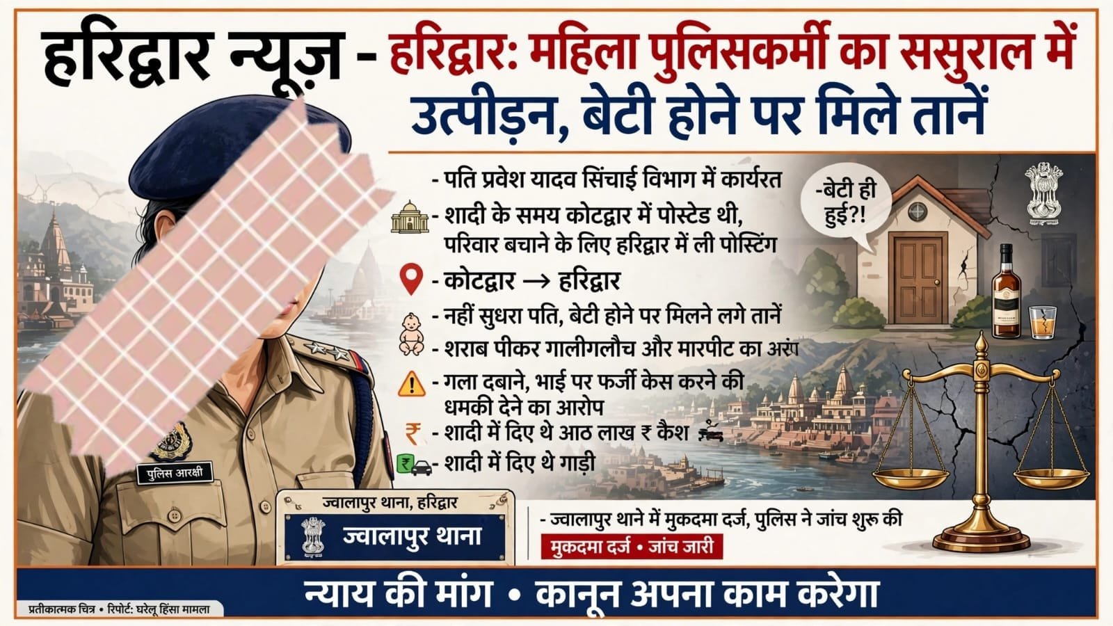 हरिद्वार: महिला पुलिसकर्मी का ससुराल में उत्पीड़न, बेटी होने पर मिले ताने, पति सिंचाई विभाग में, मुकदमा दर्ज़